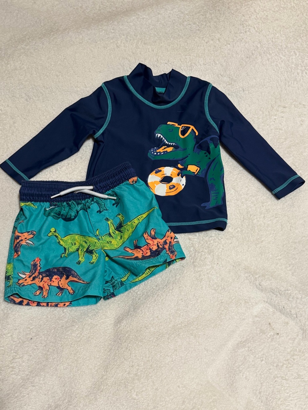 Carter's Navy Rash Guard with Teal Dinosaur Swim Shorts